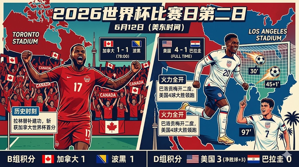 PPP体育6-13日讯:2026年北美世界杯的第二个比赛日中，两位东道主——加拿大与美国迎来了他们在本届世界杯上的首秀