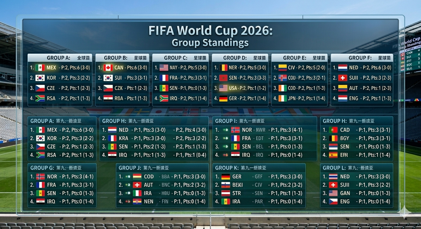 2026世界杯截止6月22日赛事所有的国家排名以及积分(PPP体育小编)